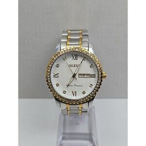 OLEVS Mens 40mm Diamond Markers Day Date Watch Two Tone Stainless New Battery